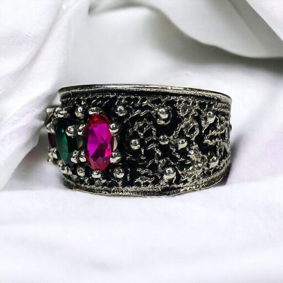 Vintage 10k White Gold Turkish Ring Sz 6.5 Ruby Emerald Sapphire 10mm Band 5.5g - Picture 2 of 16